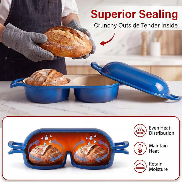 Cast Iron Dutch Oven for Sourdough Bread Baking, Mini Enameled Bread Pot with Lid, Nonstick Double Loaf Pan for Homemade Bread, Cake & Meatloaf, Oven Safe to 500°F, 16.5Cm Diameter, Blue7