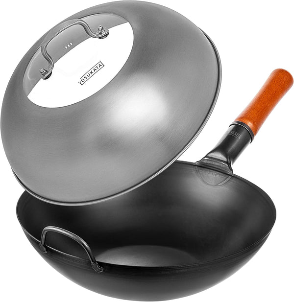 Carbon Steel Wok Pan – 13,5 “ Woks and Stir Fry Pans + Wok Lid 12.8 Inch - Premium Stainless Wok Cover with Tempered Glass Insert Steam Holes and Ergonomic Handle1