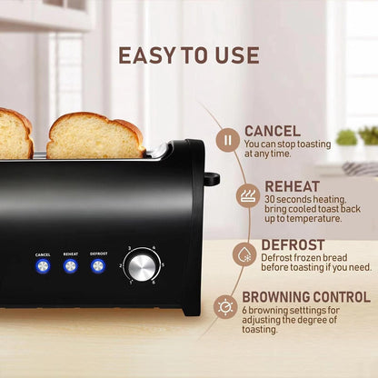 Long Slot Toaster 2 Slice,Cancel Reheat Defrost Functions,Removable Crumb Tray,6 Browning Settings,Extra Wide Long Slots,Stainless Steel,Black6