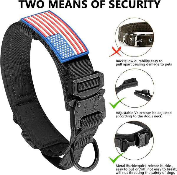 DAGANXI Tactical Dog Collar, Adjustable Military Training Nylon Dog Collar with Control Handle and Heavy Metal Buckle for Medium and Large Dogs, with Patches and Airtags Case (L, Black)5