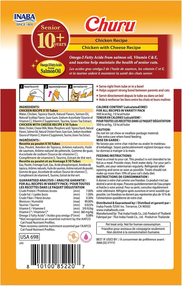 INABA Churu Senior Lickable Cat Treats, Chicken Variety, 20Ct | Senior 10+ Support, Brain Support, Immune Support, 90% Moisture, 7 Calories, Grain-Free, 20 X 0.5 Oz Tubes8
