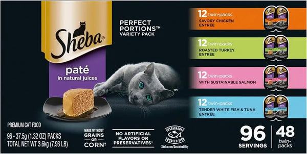 Sheba Perfect Portions Pate Wet Cat Food, Seafood Variety, 2.6 Oz, 24 Ct | Grain-Free, Made in USA, Sustainable Salmon, Signature Seafood & Whitefish Tuna, No Artificial Flavors, Twin-Pack Trays12