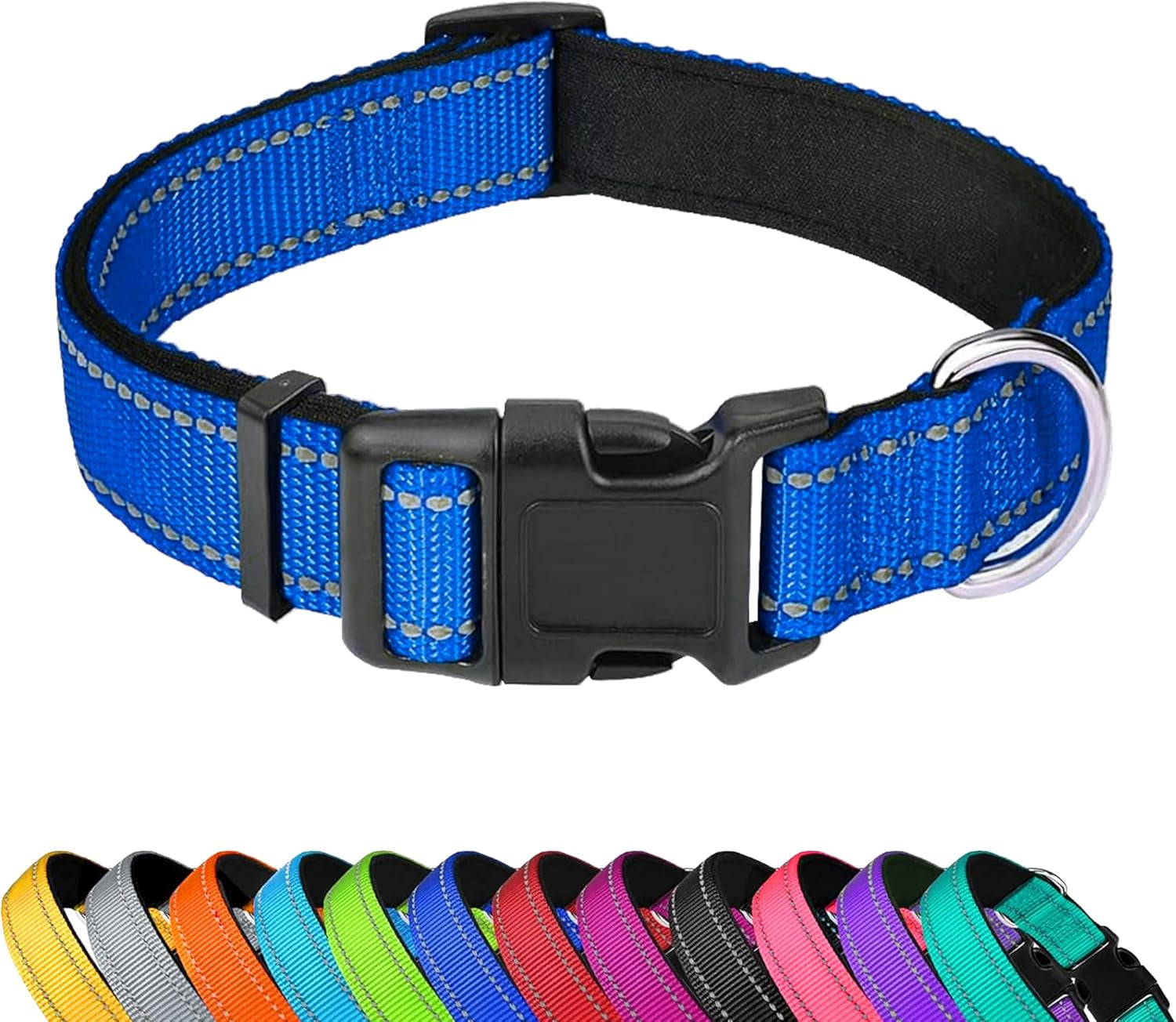 reflective-dog-collar-adjustable-soft-neoprene-padded-teal-m-breathable-nylon-for-medium-dogs-tear-resistant-webbing-chafe-free-on-walks-and-hikes-metal-d-ring-night-safety