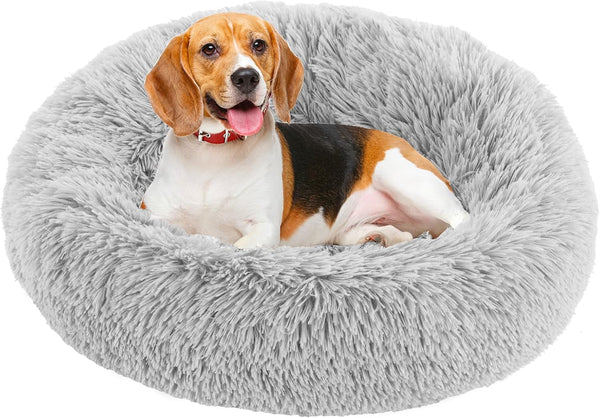 DUMOS 30.7 Inch Donut Dog Bed, Faux Fur Plush, Grey | Machine Washable Cuddler Warming Cozy Fluffy Faux Fur Plush round Pet Bed, Anti-Slip Bed for Indoor Dogs and Cats1
