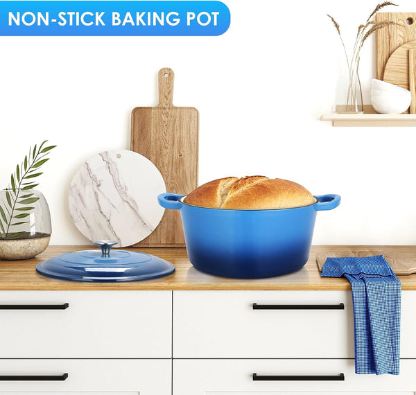 6 Qt Enameled Cast Iron Dutch Oven Pot with Lid，Oven Safe up to 500° F, Heavy-Duty Non-Stick Dutch Oven with Dual Handles for Bread Baking, Fry Foods, Braising, Stews, Roasting (Blue)4