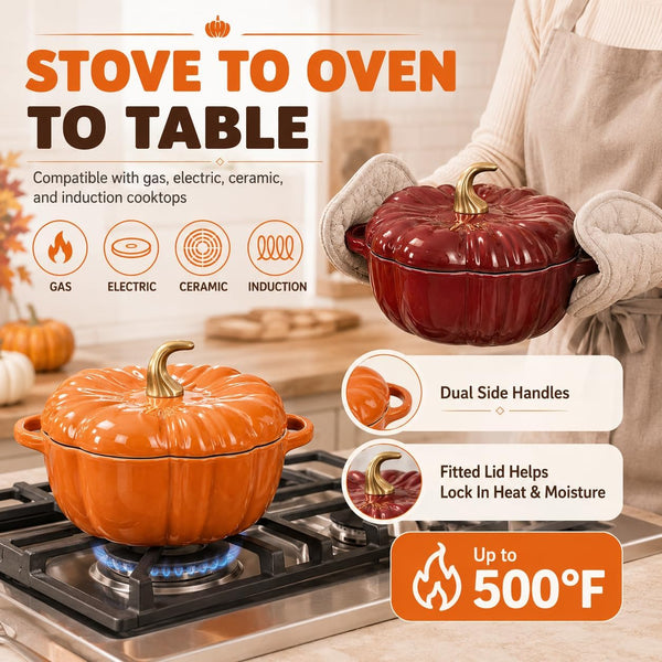2026 New Pumpkin Dutch Oven - 1.6/2/4QT Enameled Pumpkin Cast Iron Dutch Oven Pot with Lid, Oven & Stove Safe for Soup Stew Baking Casserole (Green,4 QT)6
