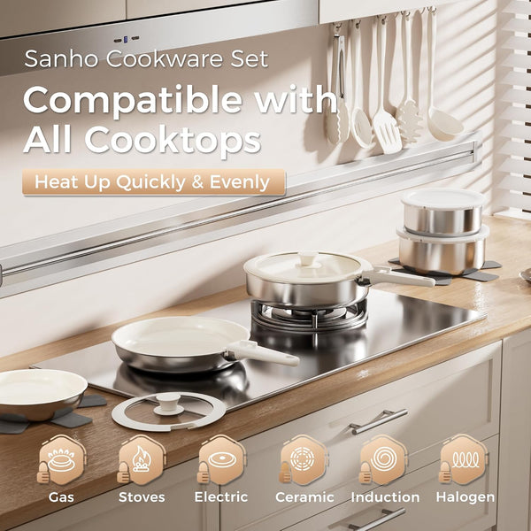21PCS Pots and Pans Set Non Stick, Ceramic & Stainless Steel Cookware Set with Detachable Handles, Induction Cookware, Oven/Dishwasher Safe, Frying Pans with Kitchen Essentials, Beige White10