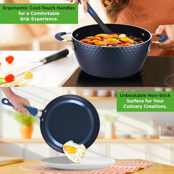 11-Piece Kitchen Cookware Set, Non-Stick Pots and Pans, Easy-To-Clean, Kitchen Utensils Set with Ceramic Coating for Home Cooking, Induction Safe, Diamond Pattern4