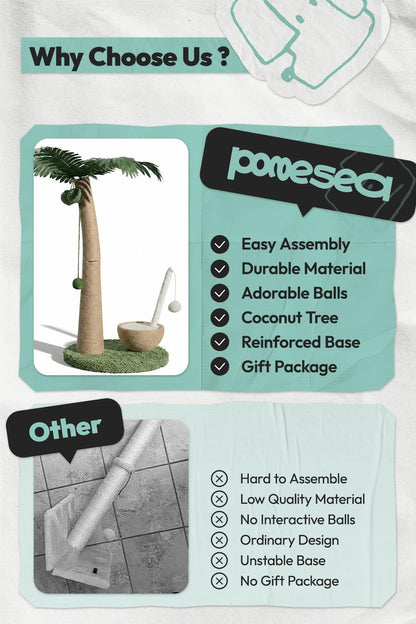 33" Tall Cat Scratching Post, Natural Jute Cat Scratcher for Indoor Cats,Coconut Tree & Straw Design with Hanging Toy Ball & Rest Platform,Stable Furniture Protector for Kittens & Adult Cats,M6