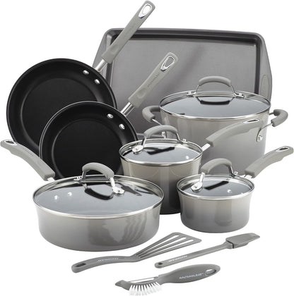 Cookware Classic Brights Hard Enamel Aluminum Nonstick Cookware Set, 14-Piece, Sea Salt Gray1