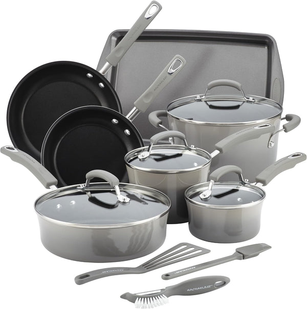 Cookware Classic Brights Hard Enamel Aluminum Nonstick Cookware Set, 14-Piece, Sea Salt Gray1