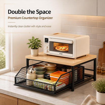 Kitchen Countertop Organizer with Drawers,Microwave Oven Rack，Natural Wood | Microwave Storage Rack with Pull-Out Drawer Basket,Space-Saving Counter Shelf Rack for Kitchen,No Installation Required3
