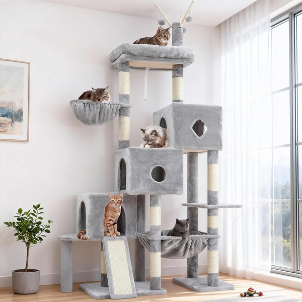 Hey-Brother Cat Tree Tower with 3 Condos, Step Climbing Pathway MPJ081G | 74.8 Inches Scratching Post with 3 House, Hammock, Large Basket, Cozy Bed, Sisal Board, Toys for Big Indoor Cats, Smoky Gray12