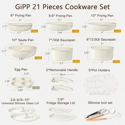 Pots and Pans Set Detachable Handle Cookware Sets Kitchen Cooking Set | Non Stick,Healthy,Non Toxic,Pfas PFOA & PTFE Free, Dishwasher ＆Oven Safe, All Stoves Are Compatible,21Pcs,Cream2