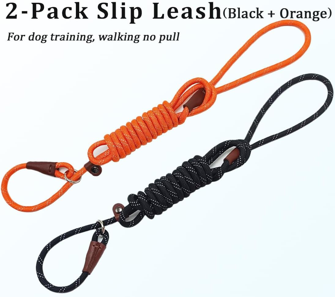 wyuze-8ft-slip-lead-dog-leash-adjustable-slip-collar-puppy-training-lead-2-pack-1-3-reflective-rope-leash-lightweight-easy-use-for-small-medium-dogs-no-pull-walking-black-orange