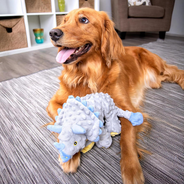 Godog Dinos Frills Squeaky Plush Dog Toy with Chew Guard Technology, Durable Fabric & Squeaker for Active Play, Gray, Large7