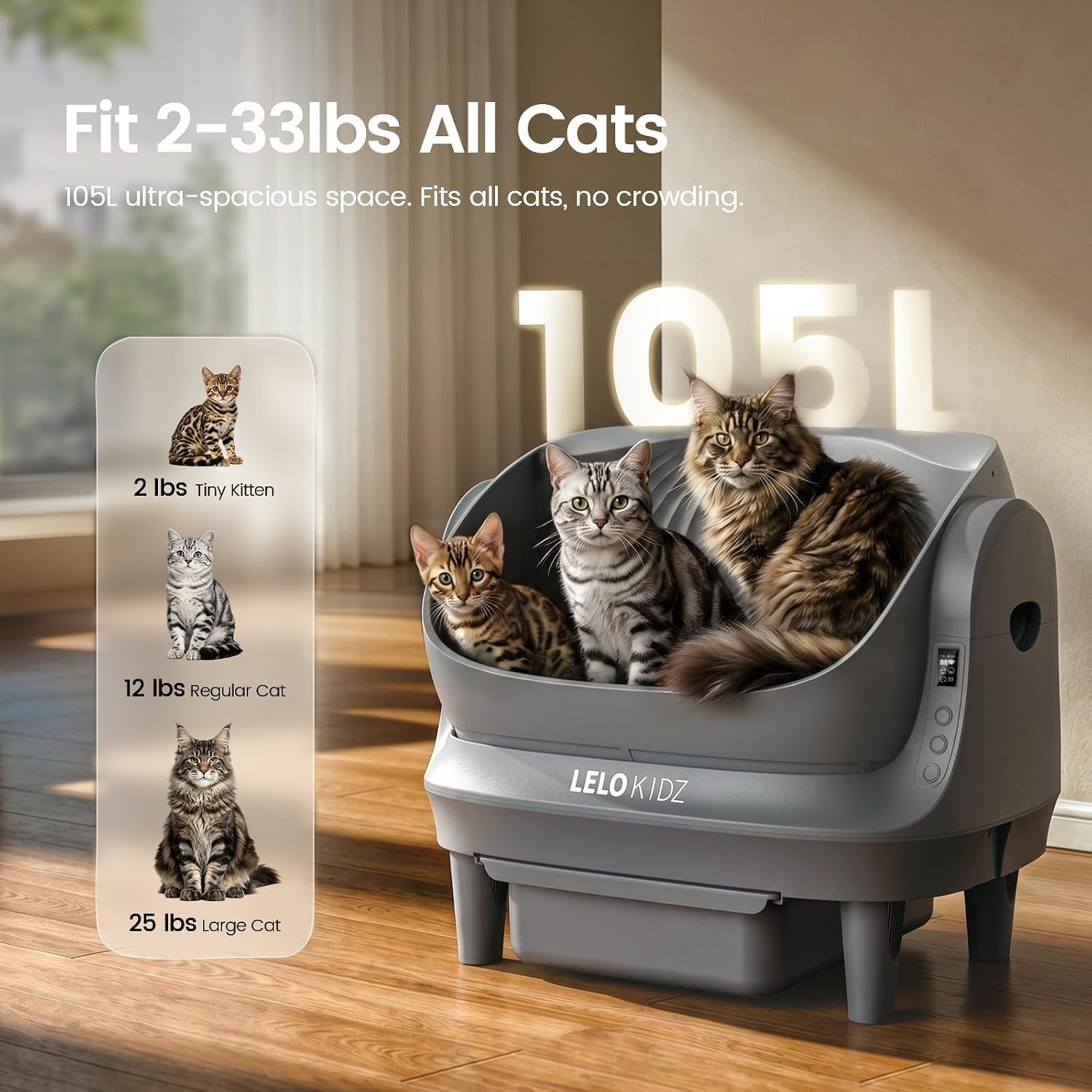 self-cleaning-litter-box-open-top-105l-automatic-litter-box-for-multiple-cats-app-control-safety-sensor-anti-pinch-includes-mat-liner-gray