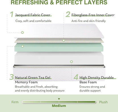 EGOHOME Full Size Memory Foam Mattress 8 Inch, Green Tea, Medium Firm | Bed Mattress in a Box, Cooling Green Tea Gel, Pressure Relief, Certipur-Us Certified, Fiberglass Free, 75''L X 54''W, White3