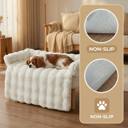 Calming Dog Bed for Couch, 29.5 X 29.5 Inch, Dog Sofa Mat, Machine Washable | 3-Sided Bolster, Faux Rabbit Fur Plush, Non Slip Bottom, Water Resistant Furniture Protector for Small Medium Dogs & Cats3