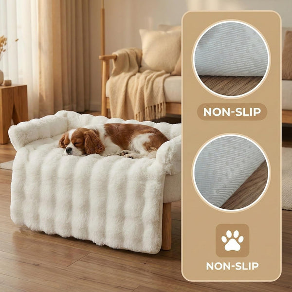 Calming Dog Bed for Couch, 29.5 X 29.5 Inch, Dog Sofa Mat, Machine Washable | 3-Sided Bolster, Faux Rabbit Fur Plush, Non Slip Bottom, Water Resistant Furniture Protector for Small Medium Dogs & Cats3