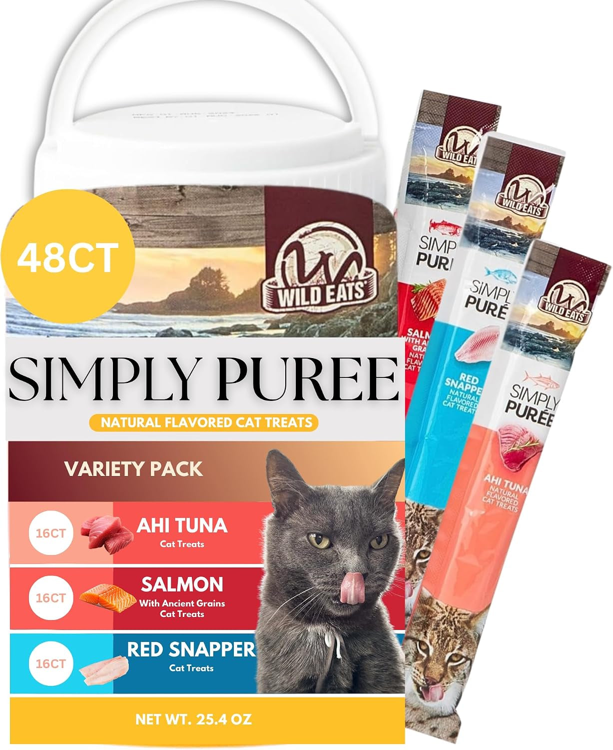 wild-eats-simply-puree-variety-pack-cat-treats-tub-48-servings-grain-free-all-natural-high-protein-recipe-no-artificial-additives-smooth-lickable-texture-easy-individual-portions-for-happy-felines