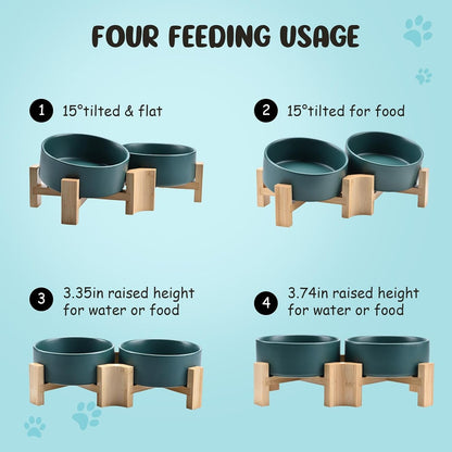 SPUNKYJUNKY 15° Slanted Ceramic Dog and Cat Bowl with Wooden Stand, Tilted Bulldog Food and Water Bowl No Slip Non-Spill for Cats Medium Dogs Big Face Pets 13.5 OZ (1.7 Cups, Green × 2)3