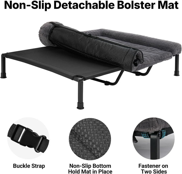 Veehoo Fluffy Plush Double Dog Couch Bed for Two Large Dogs, Washable Elevated Dog Beds with Removable Bolster Cushion, Cooling Raised Pet Cot with Breathable Mesh, No-Slip Feet, 59 X 37 Inches, Grey4