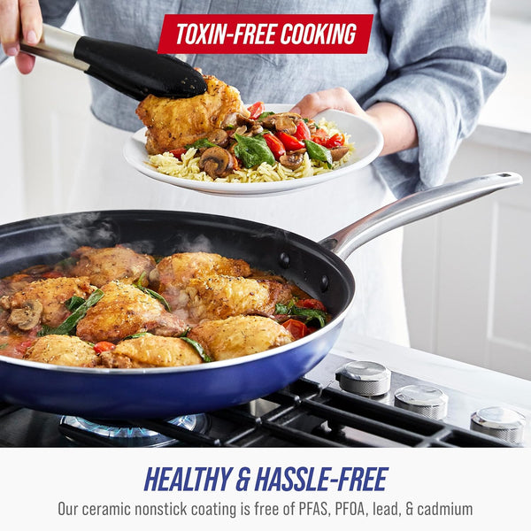 12 Piece Nonstick Cookware Set, Diamond Ceramic Pots & Pans, Dishwasher & Metal Utensil Safe, Non Toxic Pfas-Free, Kitchen Cooking Sauce & Saute Pans, Oven & Broiler to 600F, Blue9