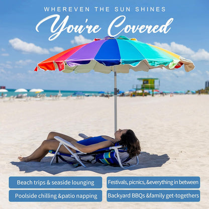 7.5Ft Large Heavy Duty HIGH Wind Beach Umbrella with Sand Anchor & Tilt Sun Shelter, UPF 50+ Protection Outdoor Umbrellas Sunshade with Carry Bag for Patio Garden Pool Backyard Rainbow7