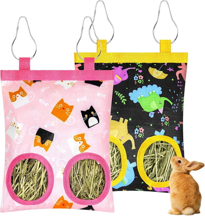 2 Pack Rabbits Hay Feeder Bag, 2 Holes Hanging Bunny Hay Feeder Guinea Pig Feeding Bag Storage Dispenser for Bunny Rabbits Chinchillas Hamsters Small Pets and Animals9