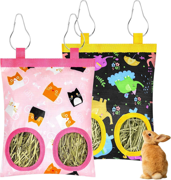 2 Pack Rabbits Hay Feeder Bag, 2 Holes Hanging Bunny Hay Feeder Guinea Pig Feeding Bag Storage Dispenser for Bunny Rabbits Chinchillas Hamsters Small Pets and Animals9