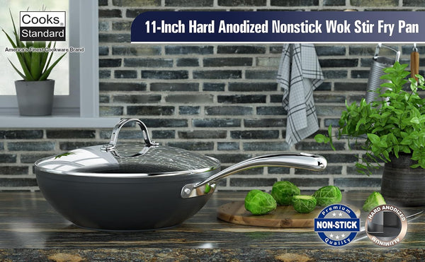 Classic 11-Inch Hard Anodized Nonstick Wok Stir Fry Pan | 3-Qt Deep Frying Pan with Vented Glass Lid, Stay-Cool Handle, Flat Bottom Wok Fits Most Stovetops, Not Induction3