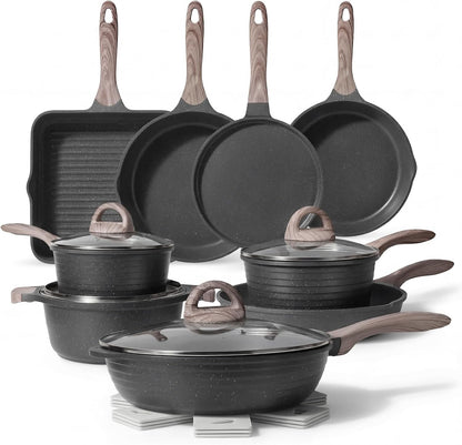 Pots and Pans Set Non Stick 23Pcs, Healthy Kitchen Cookware Sets | Non Toxic Induction Cooking Set W/Gray Frying Pans, Saucepans, Sauté & Griddle & Crepe Pan, PFOA & PFAS Free, with Lid1