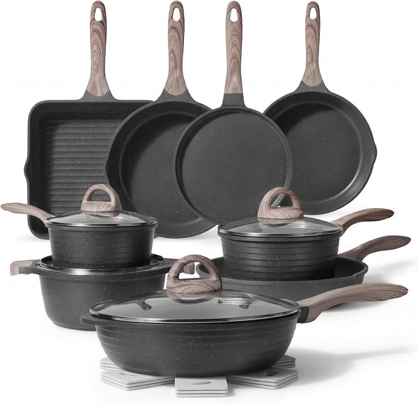 Pots and Pans Set Non Stick 23Pcs, Healthy Kitchen Cookware Sets | Non Toxic Induction Cooking Set W/Gray Frying Pans, Saucepans, Sauté & Griddle & Crepe Pan, PFOA & PFAS Free, with Lid1