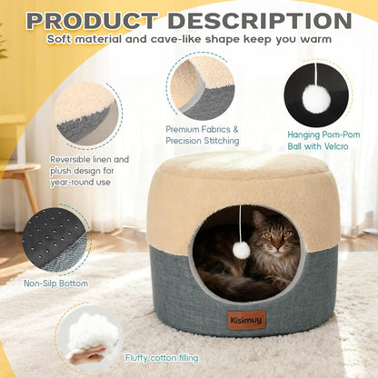 2-In-1 Foldable Cat Bed for Indoor Cats, Cat Cave & Sofa Bed | 15.7"D X 13"H, Reversible Plush & Linen Cushion,Enclosed Cat Bed, Hanging Cat Toys, Non-Slip, Small Cat House, Grey3