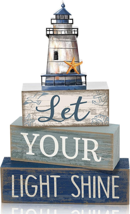 4 Pcs Lighthouse Coastal Decor Wooden Block Signs Rustic | Bathroom Tabletop Decoration for Home, Lighthouse Topper Tiered Display, Let Your Light Shine Phrase Wood Stacking Blocks1