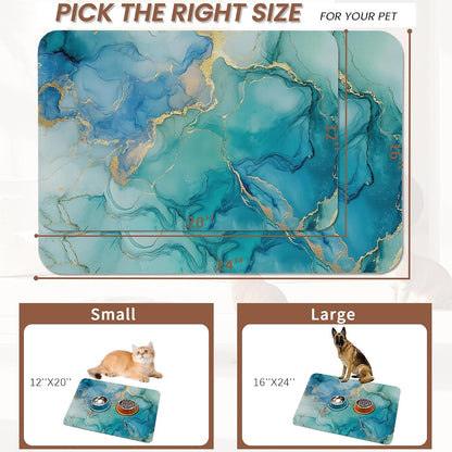 Marble Dog Cat Food Mat,Blue Teal Turquoise Gold Absorbent Pet Feeding Mat with Rubber Backing,Non-Slip Water Bowl Placemat,Indoor Pet Accessories Supplies 12"X20"2