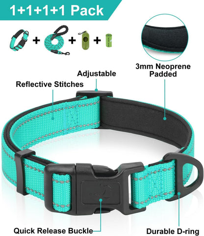 Dynmeow Reflective Dog Collar and Leash Set for Large Dogs, Teal | Soft Neoprene Padded, 6FT Climbing Rope, Ideal for Daily Outdoor Walking or Indoor Wearing, Night Visible for Safety2
