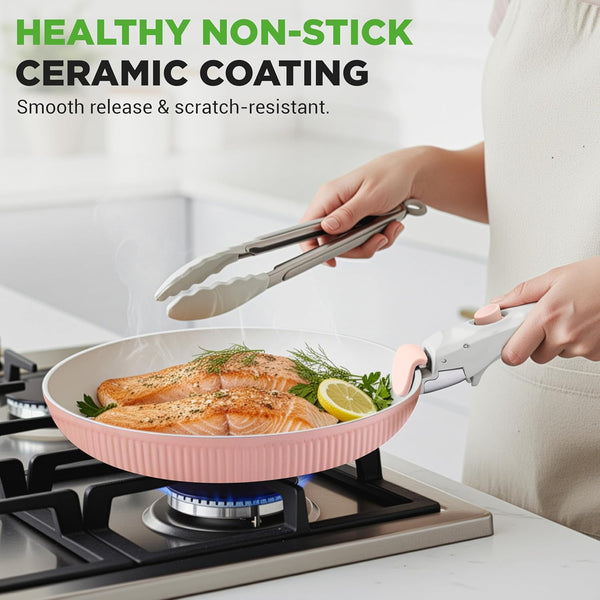18 Pc Ceramic Cookware Set, Pots and Pans Set Non Stick, Pink | Ceramic Cookware Set, Includes Fry Pans, Utensils, Glass Lids, Detachable Handles, Induction Ready, Durable, Oven Safe2