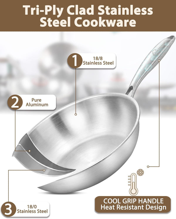 13-Inch Tri-Ply Stainless Steel Wok Pan with Lid | Detachable Handle | Stir-Frying Pan | Induction Wok | Dishwasher and Oven Safe | Heavy-Duty | Flat-Bottom3