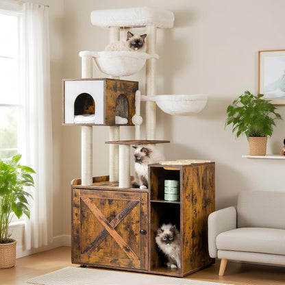 Hey-Brother Cat Tree Tower, Food Station, XL Litter Box Enclosure, MPJ101SG | 48.81 Inches Wooden All-In-One Cat Furniture, Large Hammock, Bed, Scratching Posts, Big Basket for Indoor Cats, Rustic Gray13