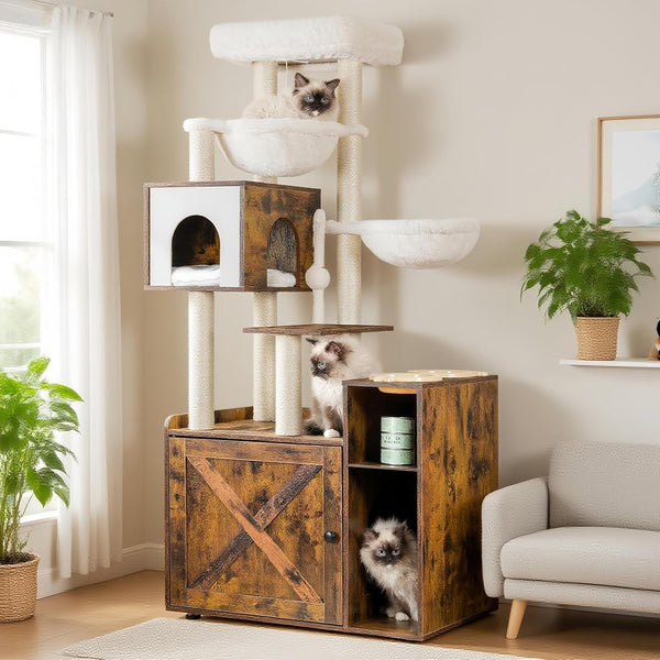 Hey-Brother Cat Tree Tower, Food Station, XL Litter Box Enclosure, MPJ101SG | 48.81 Inches Wooden All-In-One Cat Furniture, Large Hammock, Bed, Scratching Posts, Big Basket for Indoor Cats, Rustic Gray13