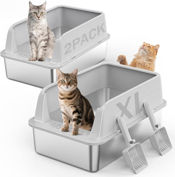 2PACK Stainless Steel Litter Box, Extra Large Litter Boxes for Big Cats, XL Metal Cat Litter Box with Lid High Sides, Anti-Urine Leakage, Non-Sticky, Scoop Included10