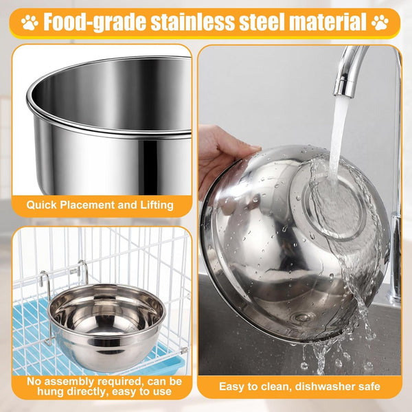 Zhehao 4 Pack Hanging Dog Water and Food Bowls for Kennel Cage, No Spill Dog Crate Water Bowl, Stainless Steel Bowls Dish for Dogs Crate Cage Accessories (35Oz & 50Oz & 65Oz)3