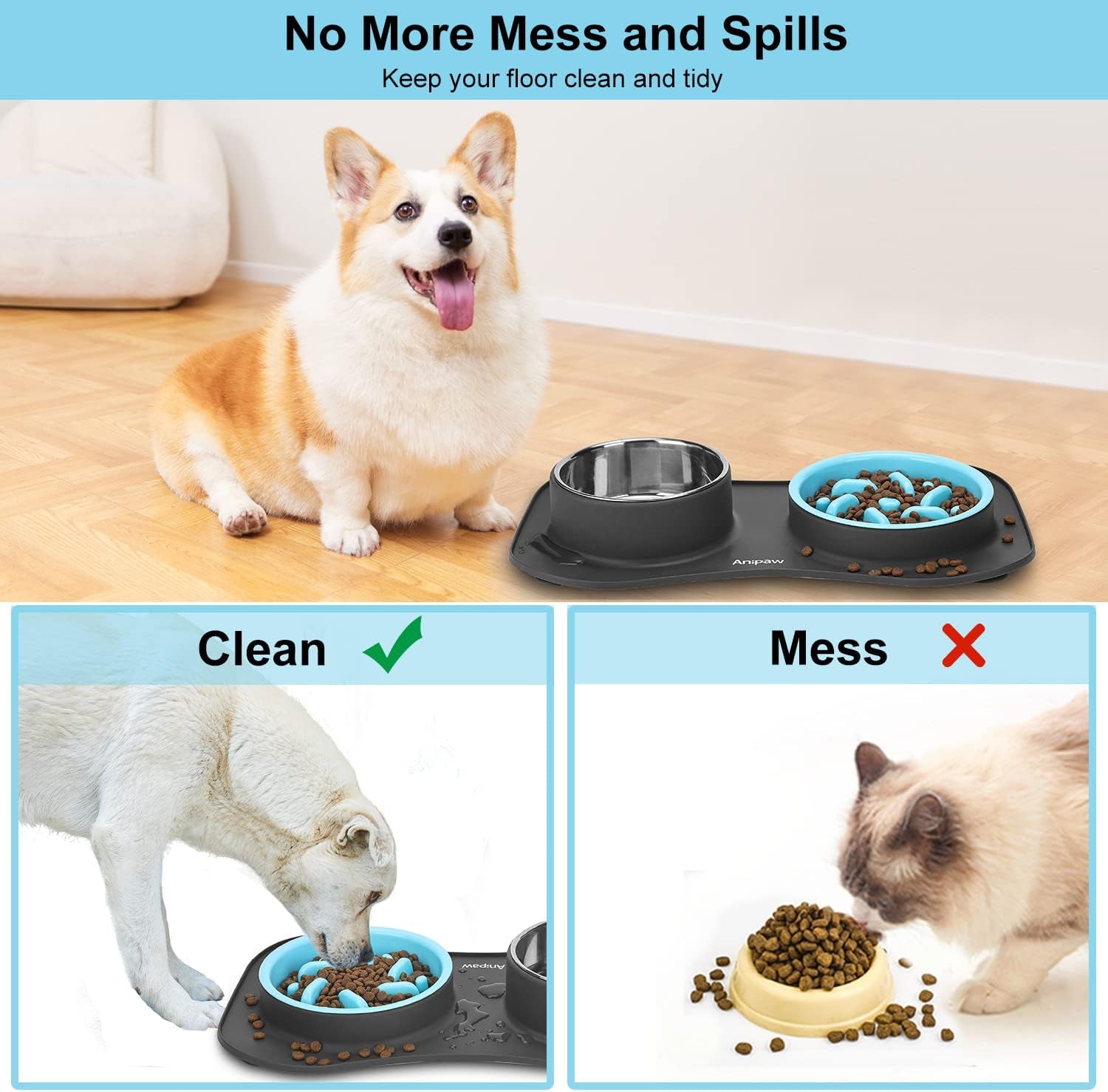 anipaw-slow-feeder-dog-bowls-3-in-1-stainless-steel-food-and-water-bowls-with-non-spill-and-skid-silicone-mat-to-slow-down-eating-for-large-medium-small-breed-size-dogs-and-cats-durable-non-spill-non-skid-with-silicone-mat-design-slow-down-eating-suitable-for-small-medium-large-dogs-and-cats