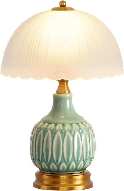 Table Lamps Ceramic Retro Lamp for Living Room,15." Modern Bedside Nightstand Traditional Lamps, Classic Chinoiserie Green Glass Lamp for Home (Retro)1