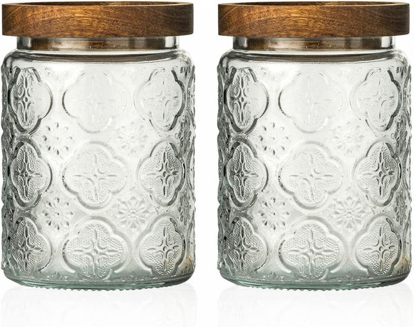 Vintage Glass Kitchen Storage Counter Jar, Kitchen and Pantry Glass Storage, with Airtight Wood Lid for Cookies, Candy, Coffee Tea Beans, Grains,Food Storage Containers (Plum-Pattern*2)1