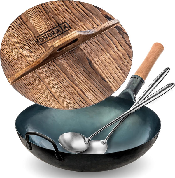 Blue round Bottom Wok Pan – 14" + Premium Wok Cover 14 Inch Pan Lid +Set of 2 Heat-Resistant Tools1