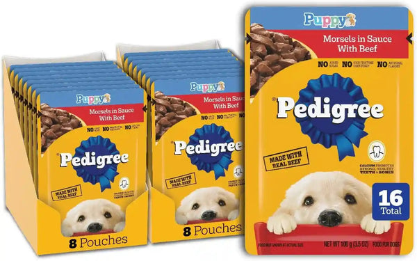 Pedigree Puppy Morsels Wet Dog Food Pouch, Chicken, 3.5 Oz, 16 Count | Steam Cooked, High Quality Animal Protein, DHA Brain Support, Calcium for Teeth & Bones, Topper or Complete Meal15
