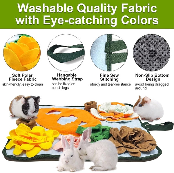 Rabbit Foraging Mat Bunny Toys, 20"X20" Rabbit Snuffle Mat Interactive Feeding Game, Washable Bunny Hay Feeder Treat Dispenser Foraging Toys for Rabbits Guinea Pigs Chinchillas Ferrets3
